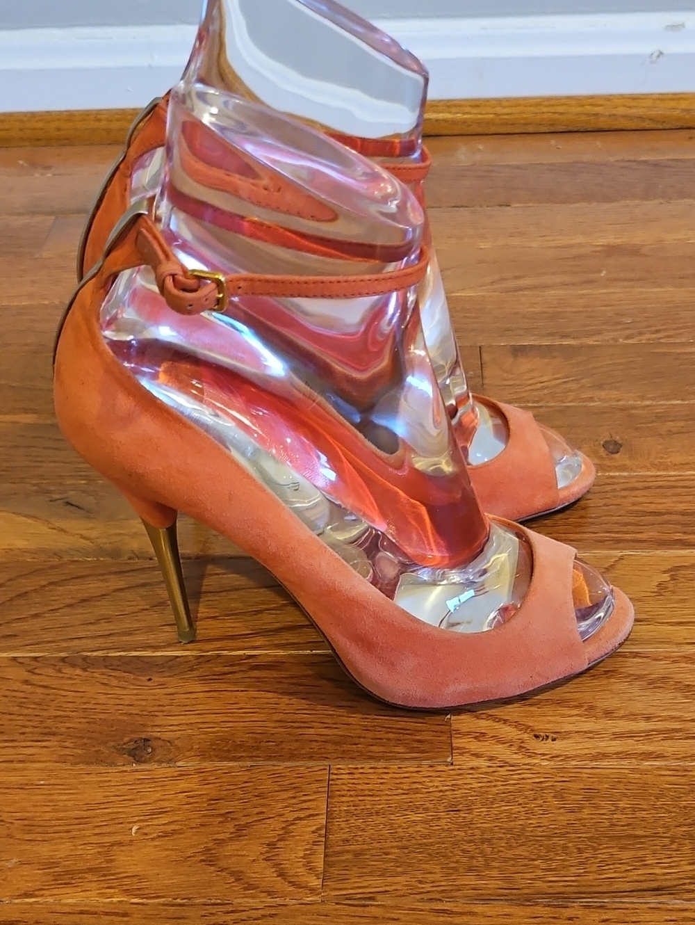 Miu Miu Suede Peep-Toe Ankle Strap Heels in Coral Pink Sz36